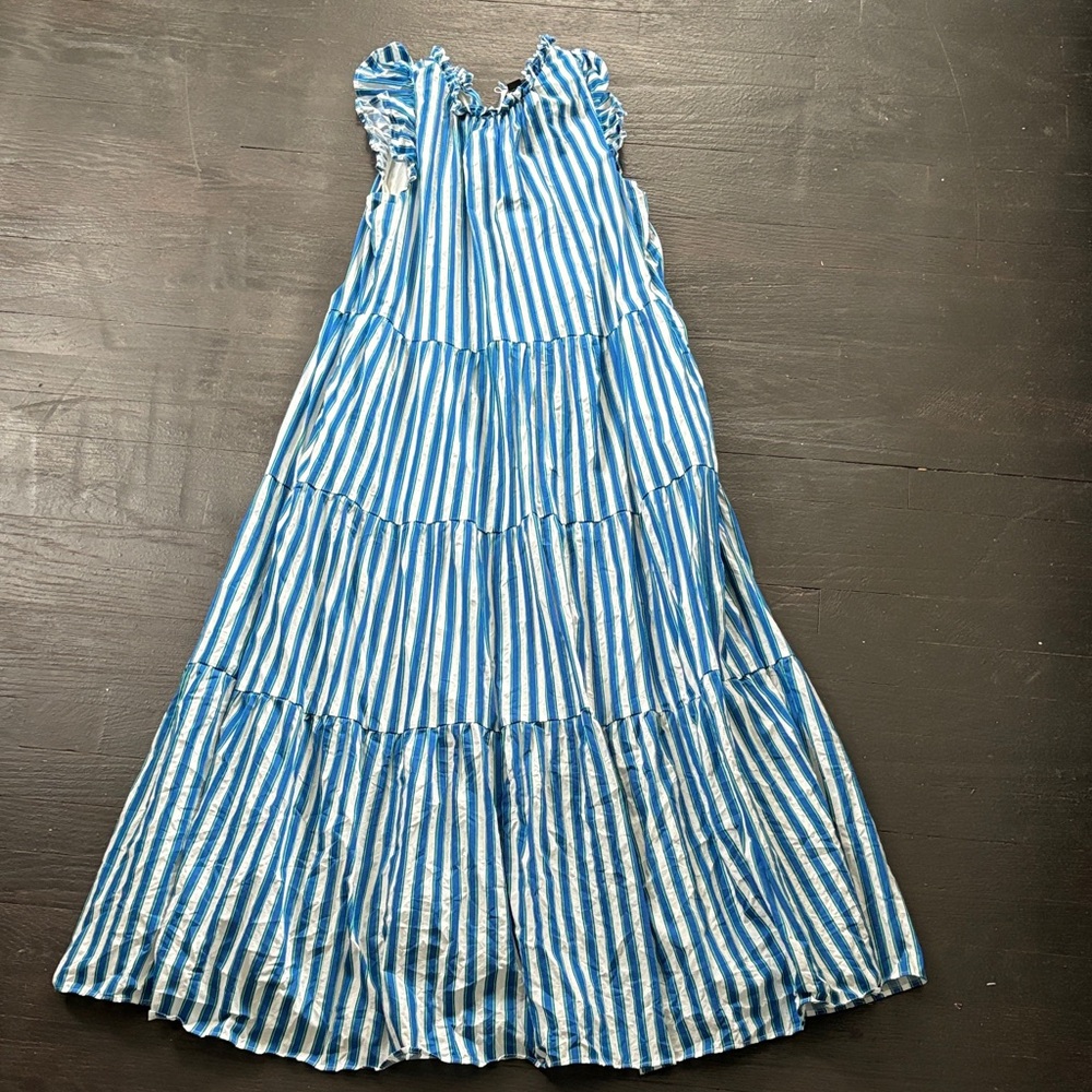 Jcrew Blue and White Striped ruffle sleeve midi Dress